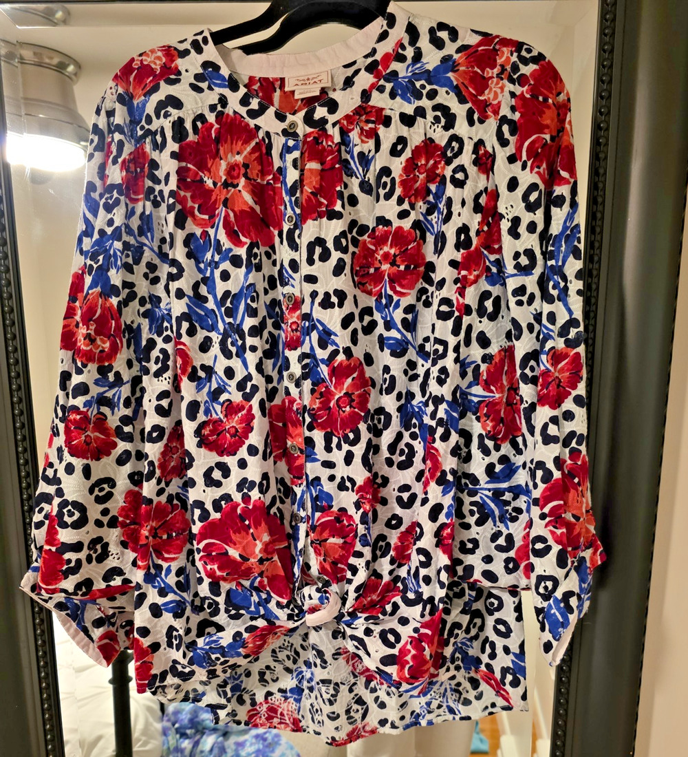 Ariat Top Womens L Red White Blue Front Tie Cotton Eyelet Festival Western